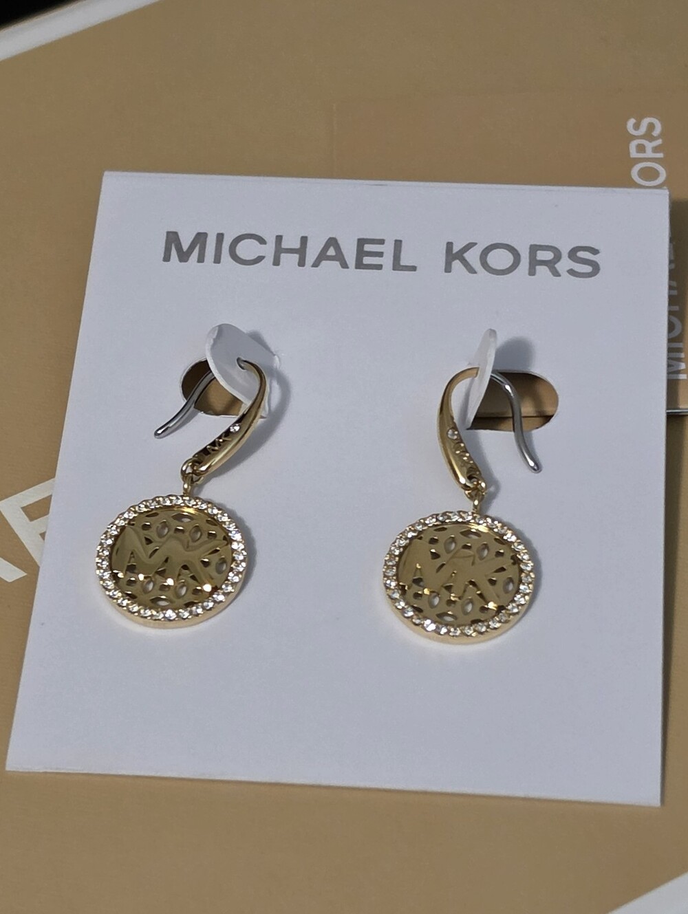 Michael Kors Gold Crystal-Trim MK Medallion Drop Earrings